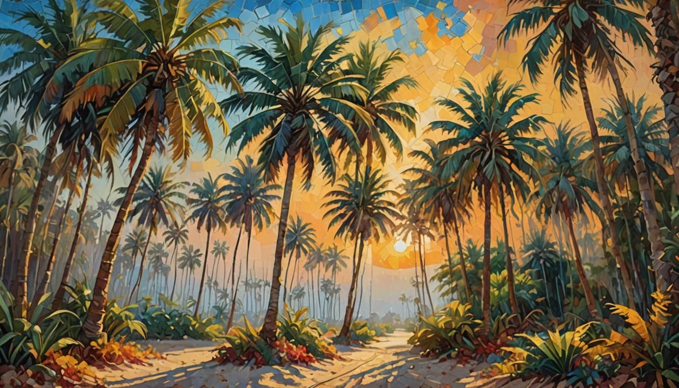 Glowing Palm Trees Swaying: Impressionist Oil Painting
