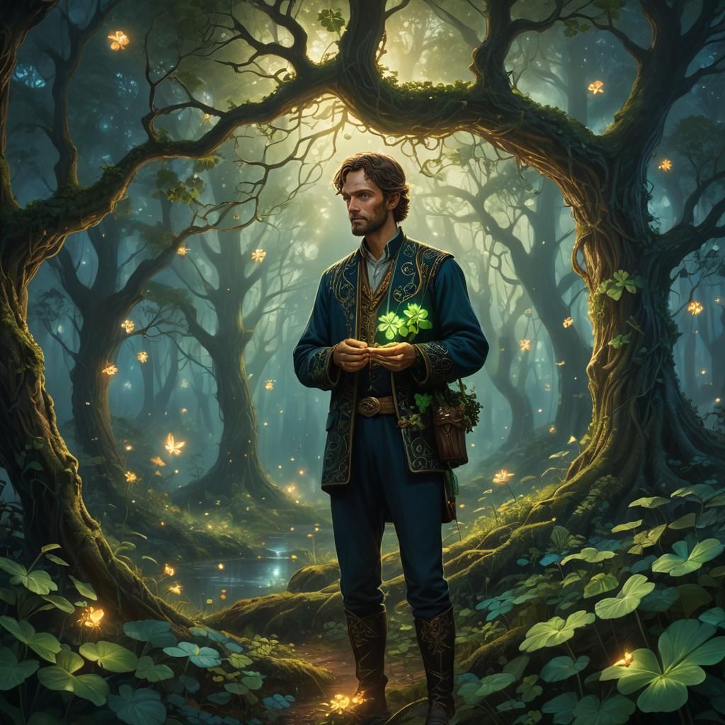 Mystical Forest: Lucky Man with Glowing Clover