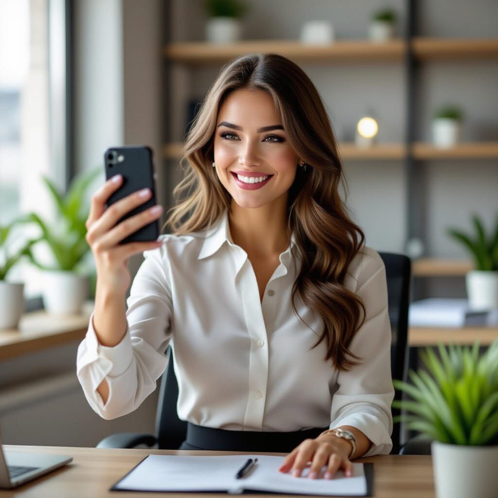 Secretary Takes Selfie at Office Desk in Realistic Style