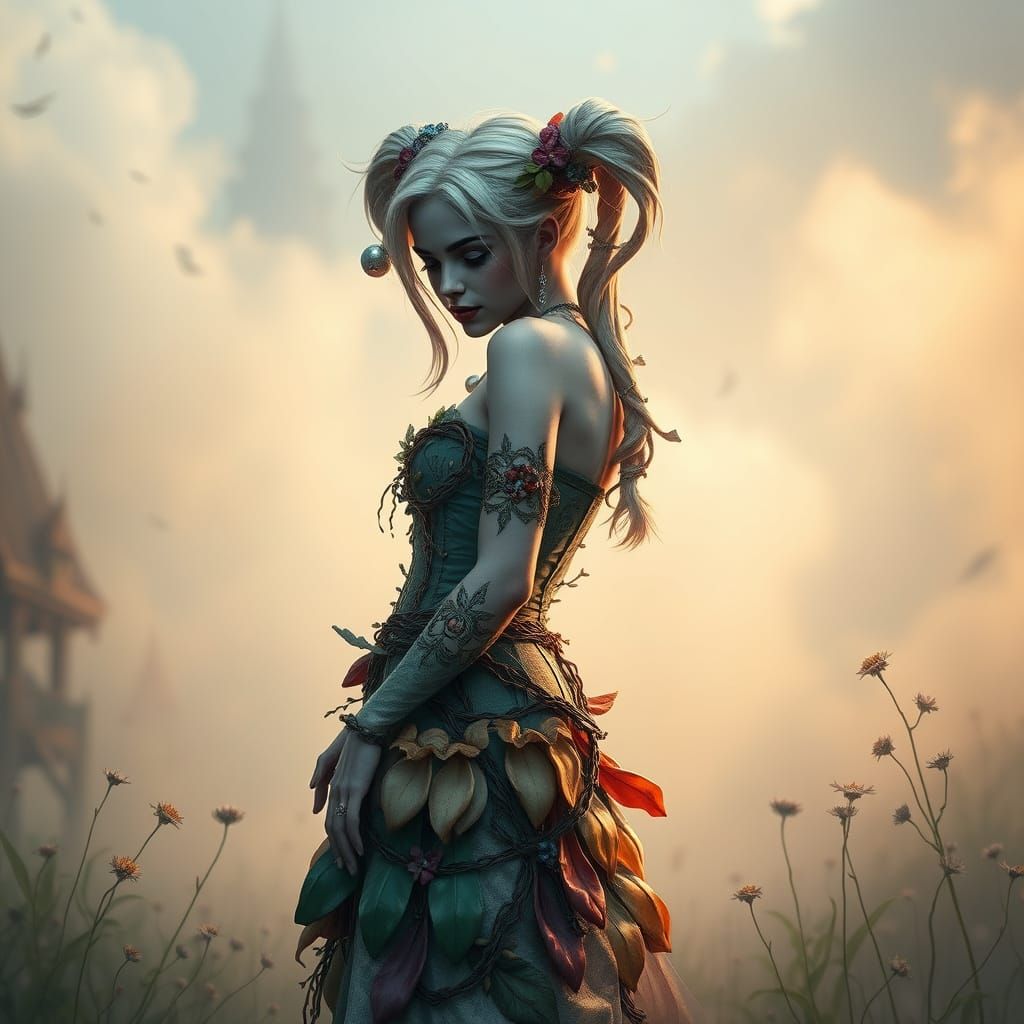 Harley Quinn in Nature-Woven Dress: Surreal Mystical Scene