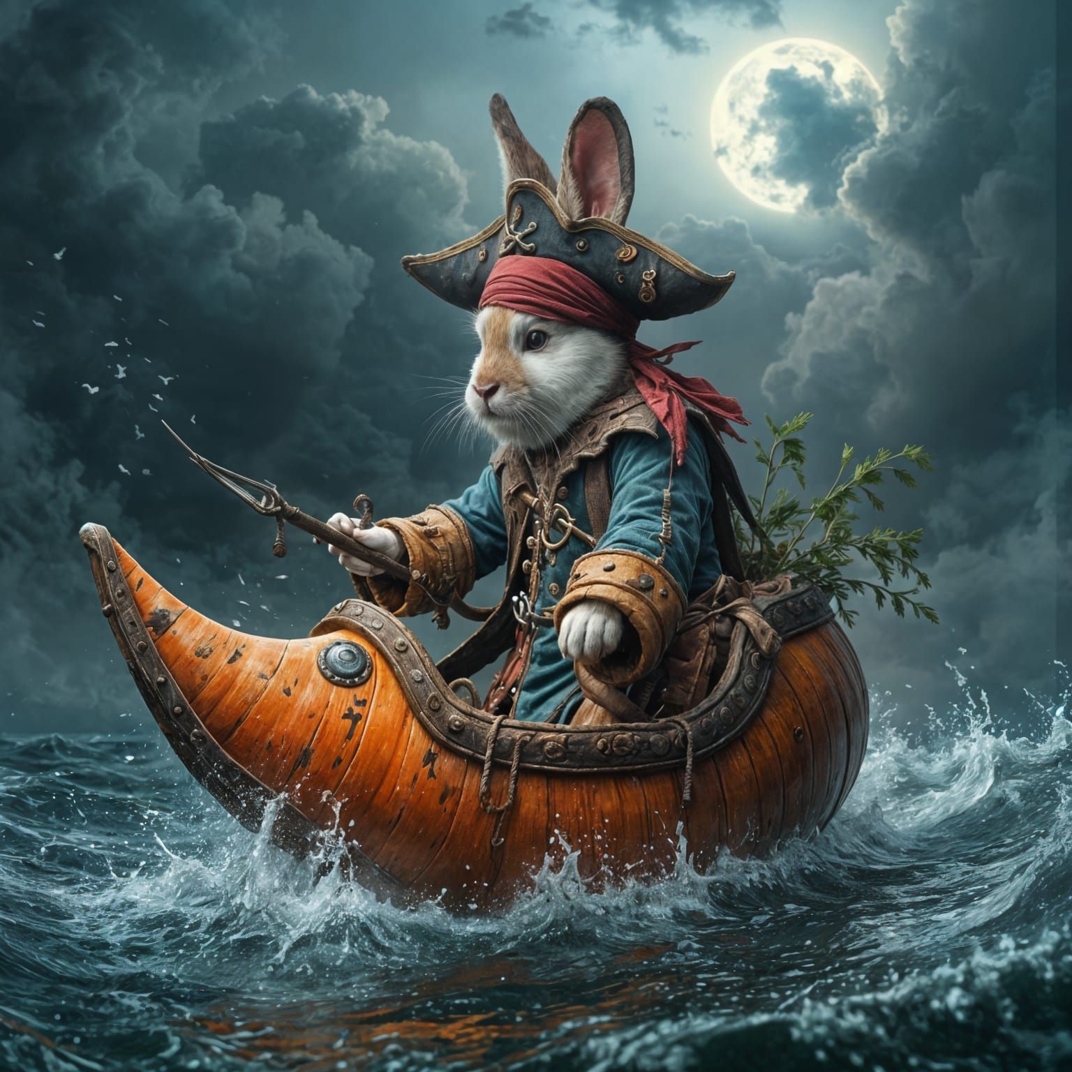 Cute Pirate Rabbit on Carrot Ship in Stormy Seas