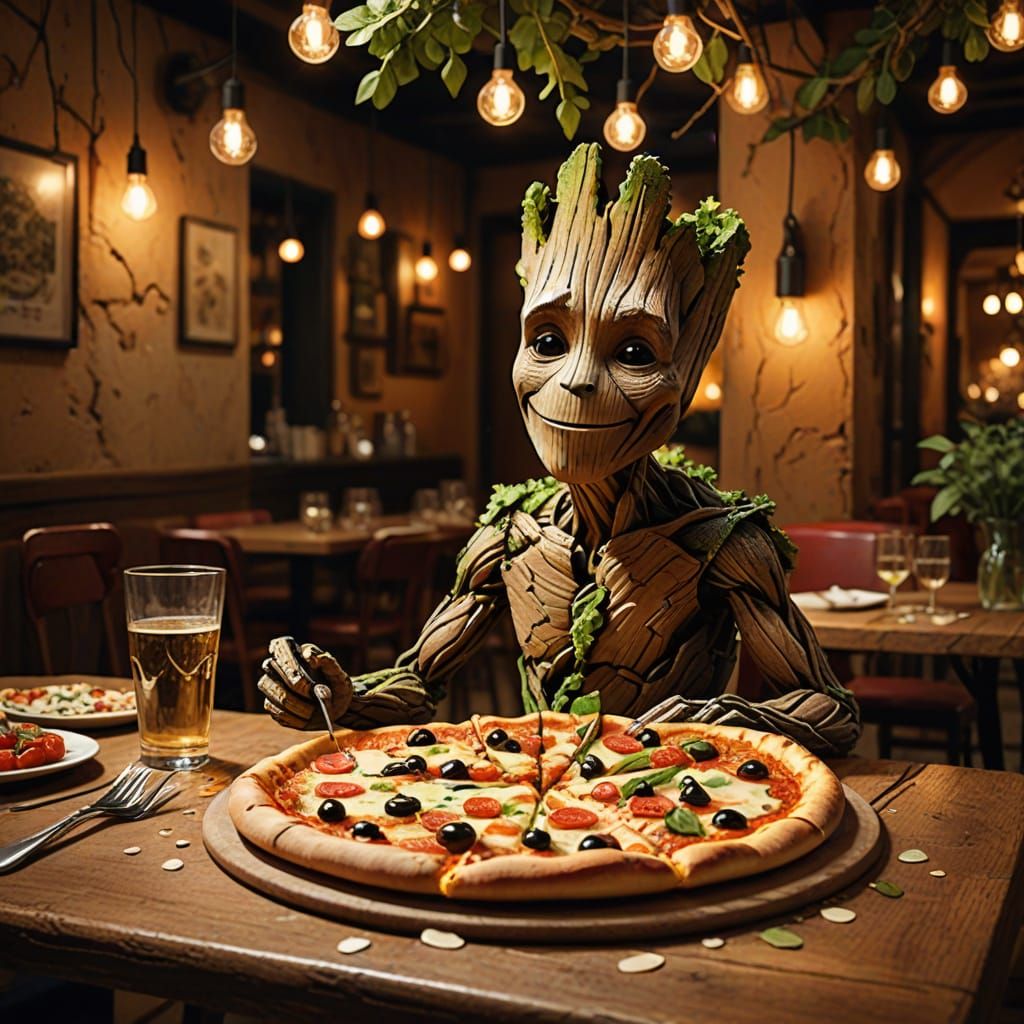 Groot Savoring a Slice in Whimsical Italian Setting