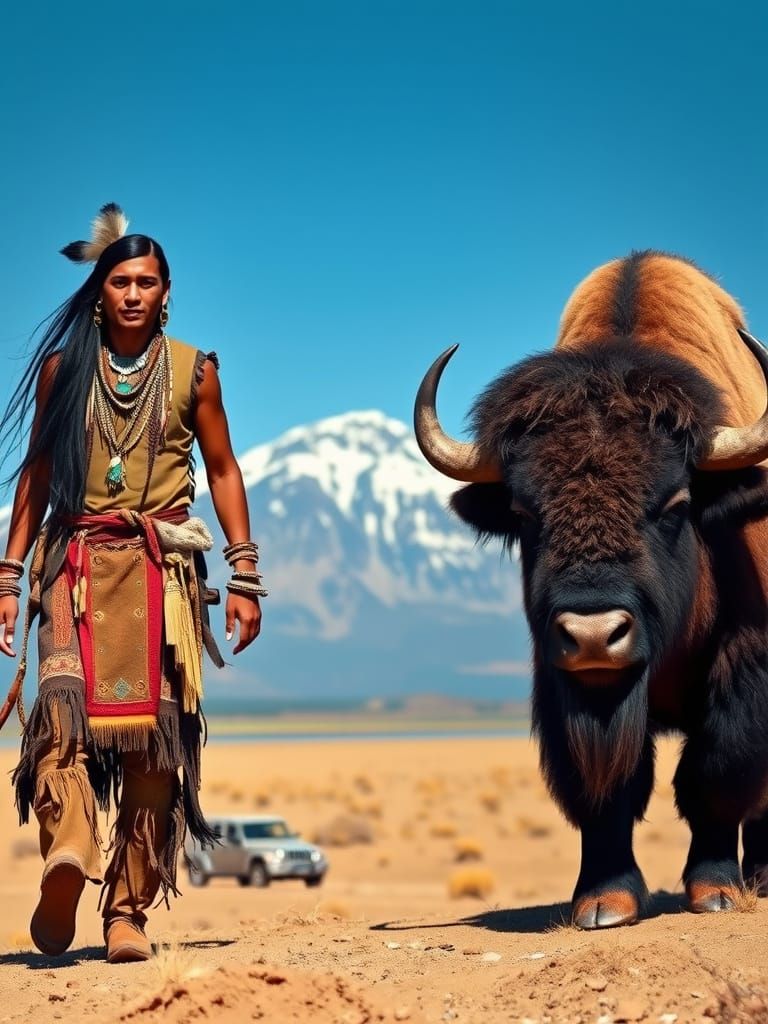 Native American and Bison in Western Landscape