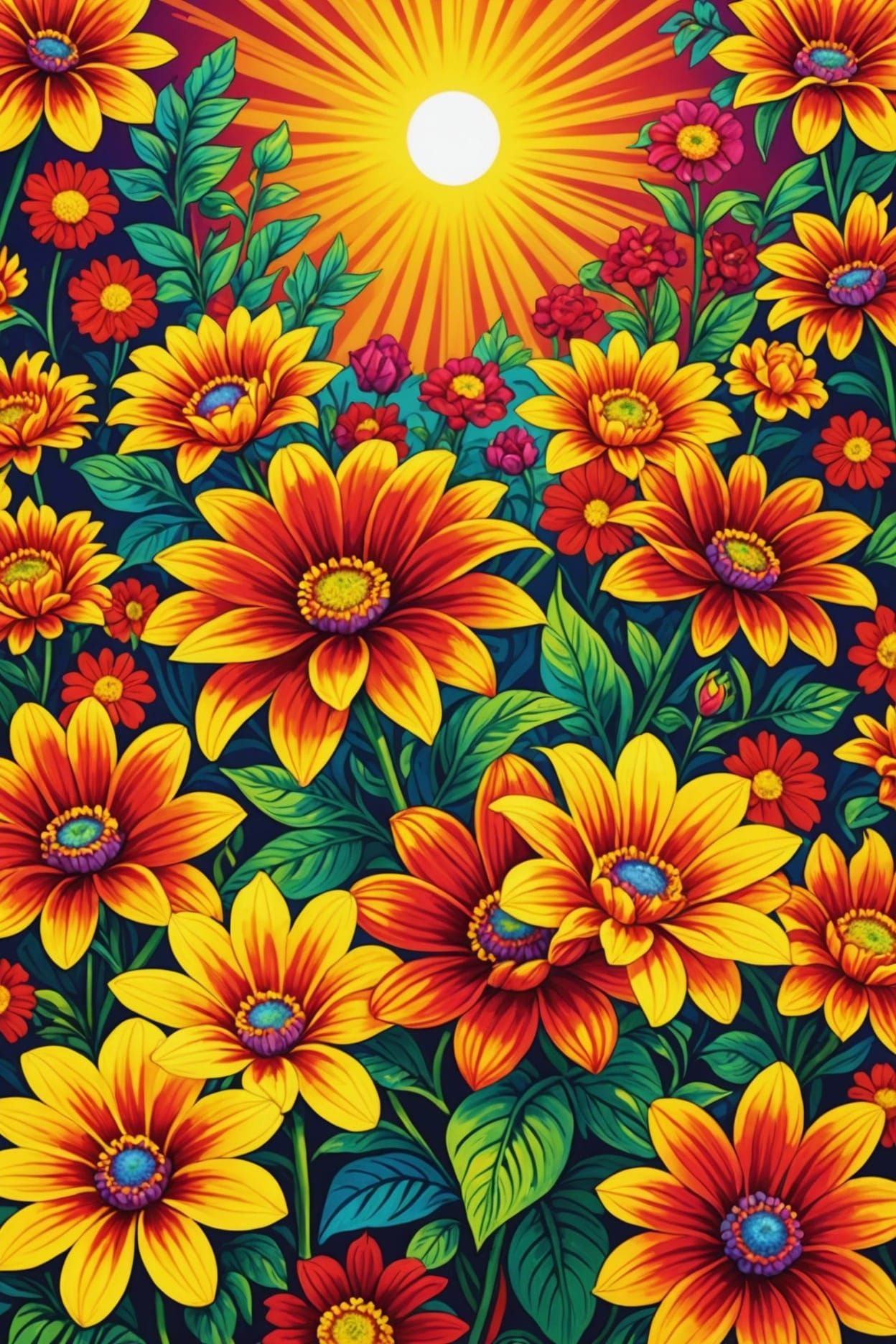 Psychedelic Flowers in Sunlight: Lisa Frank Style
