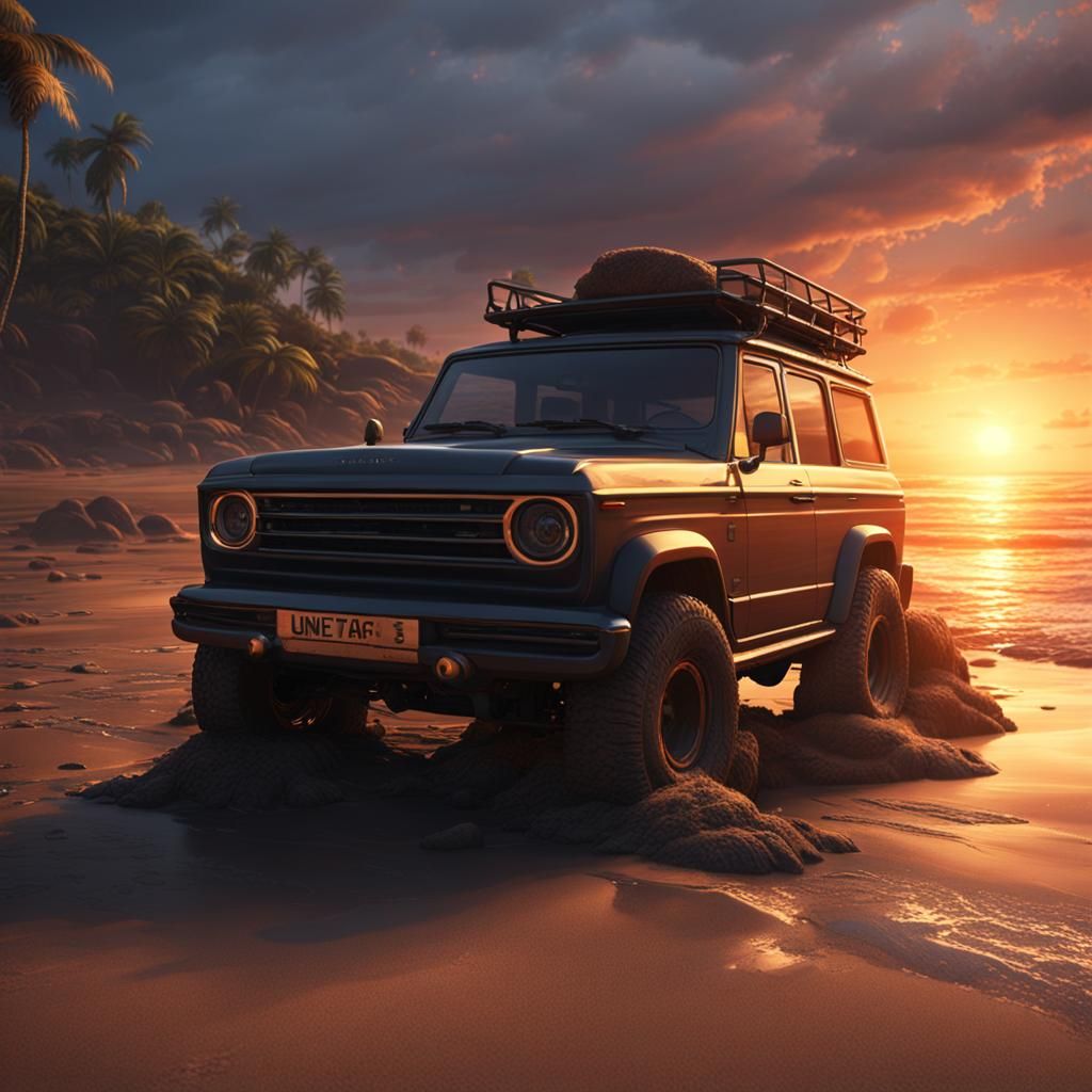 Four Wheel Drive Car on Beach at Sunset