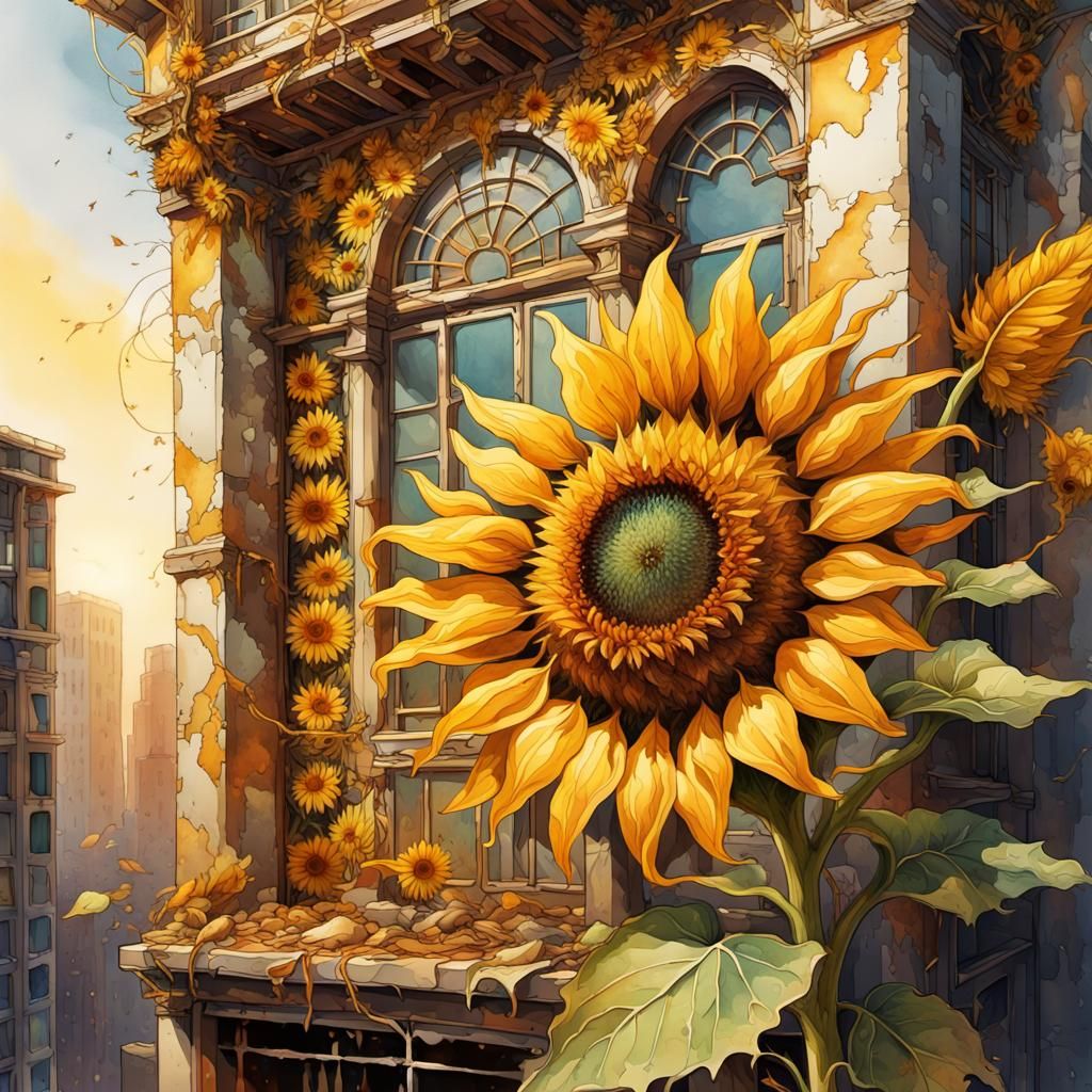 Sunflower Growing on Ruined Building in Neo-Impressionism St...