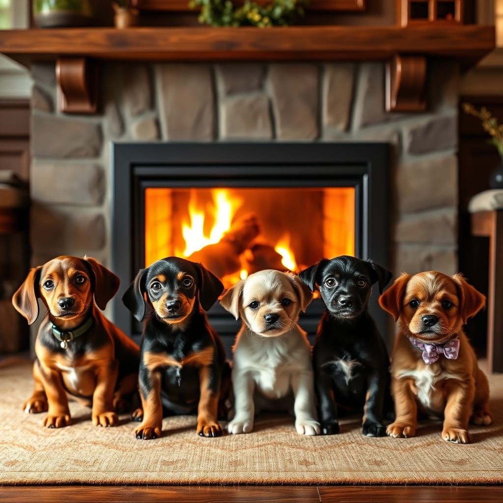 Happy Puppies by Cozy Fireplace in Arts and Crafts Home