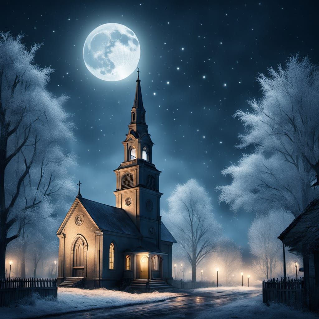 Victorian Town at Midnight with Glowing Church Bells