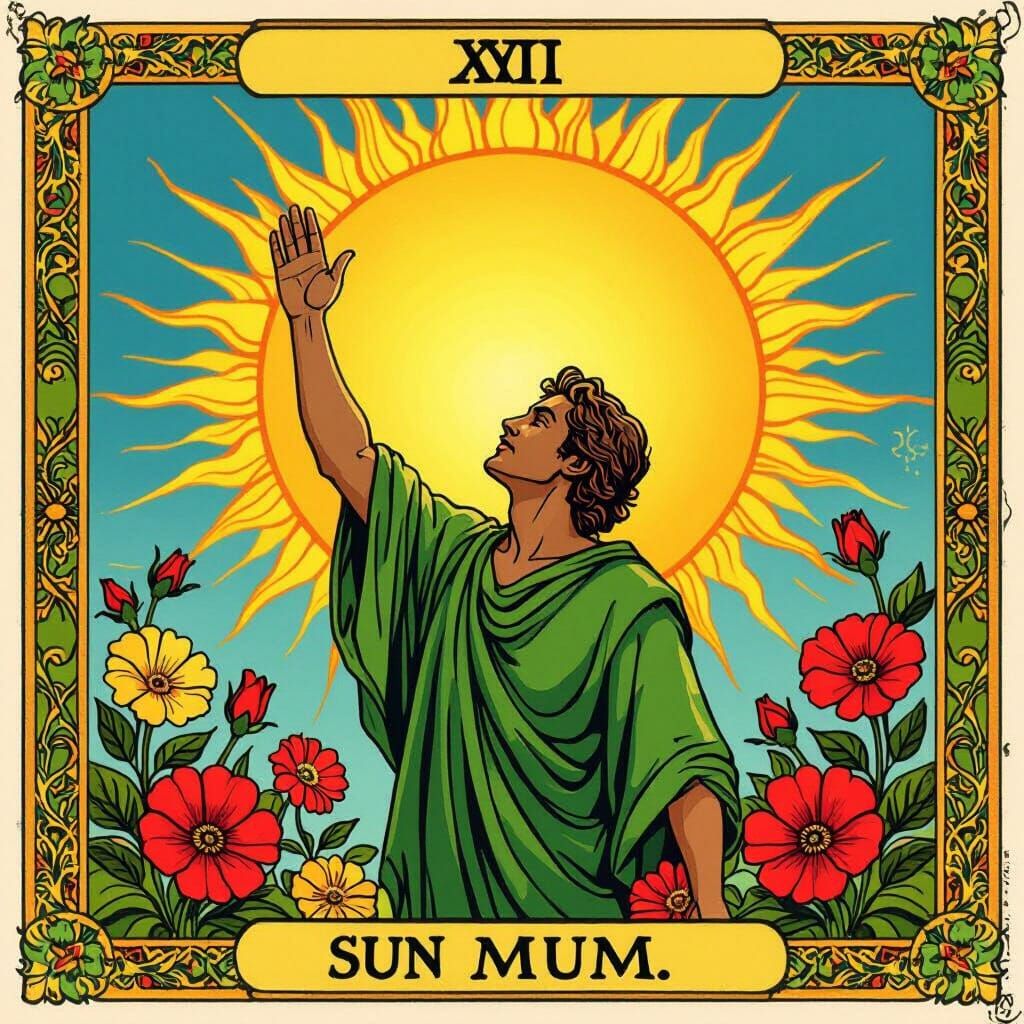 Vibrant Sun Tarot Card with Man and Flowers