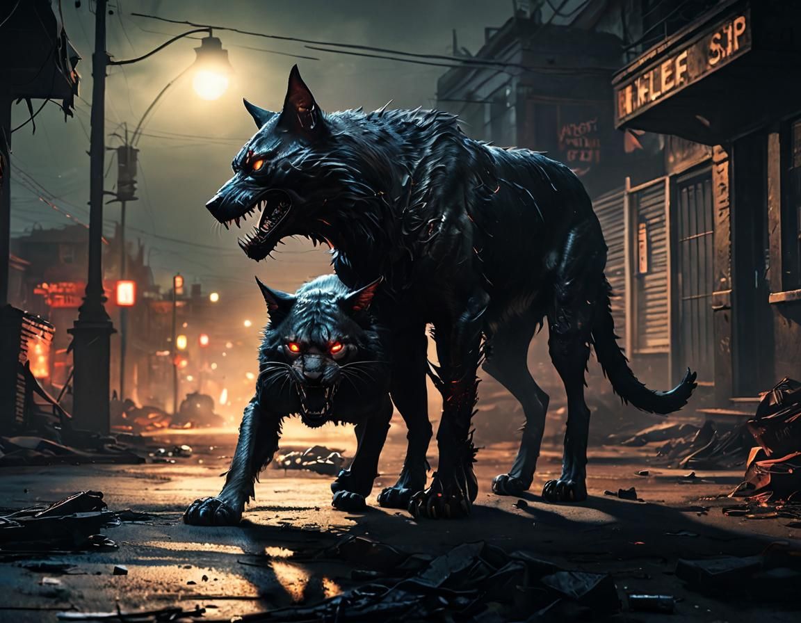 Demonic Cat vs Hellhound in Apocalyptic Battle