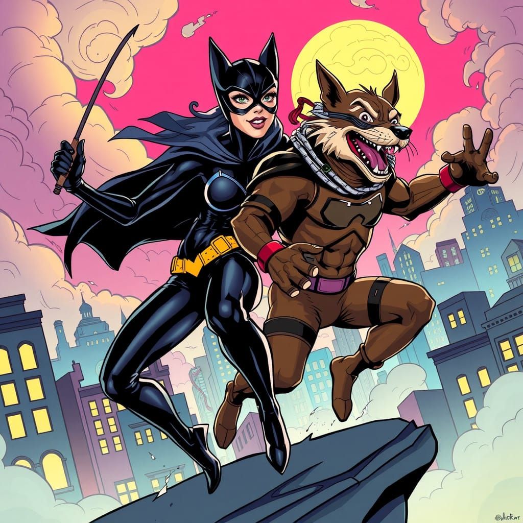 Whimsical Comic Book Battle Between Catwoman and Dogman