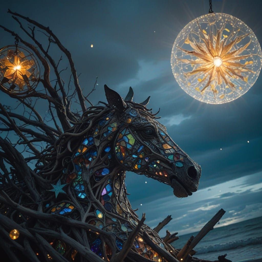 Decadent Driftwood Horse Installation Under Starry Beach Sky