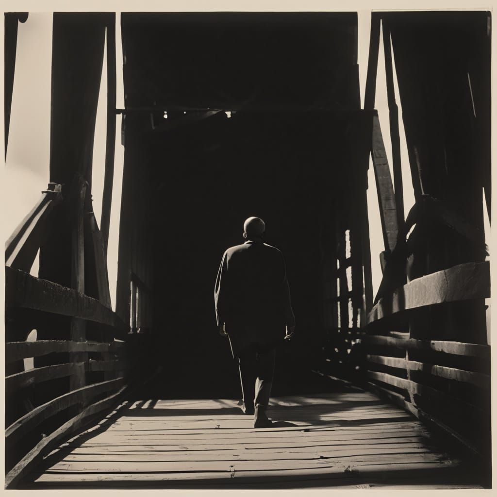 A Man Walks a Blood-Soaked Bridge in a Film Still