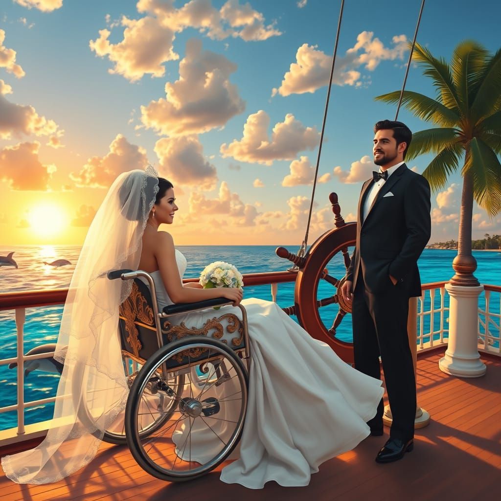 The most beautiful picture of a bride in a wheelchair next to a hispanic groom. They are elegantly dressed. Jesus Christ...