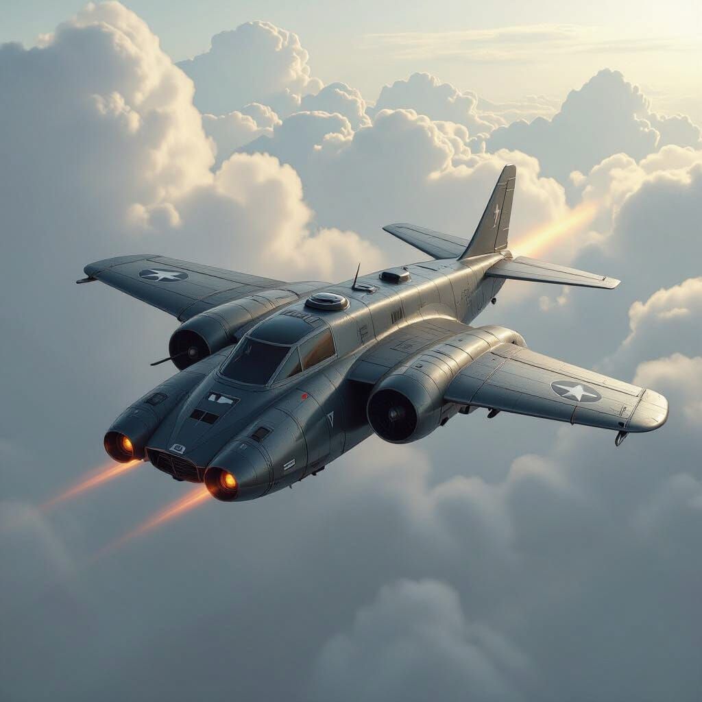 Tank with Metal Wings Flying Through Cloudy Skies