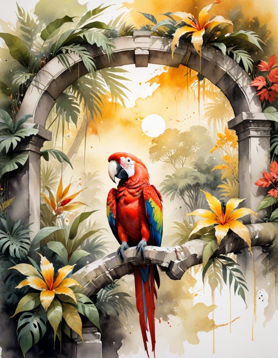 Scarlet Macaw on Ancient Arch, Ink Wash Art
