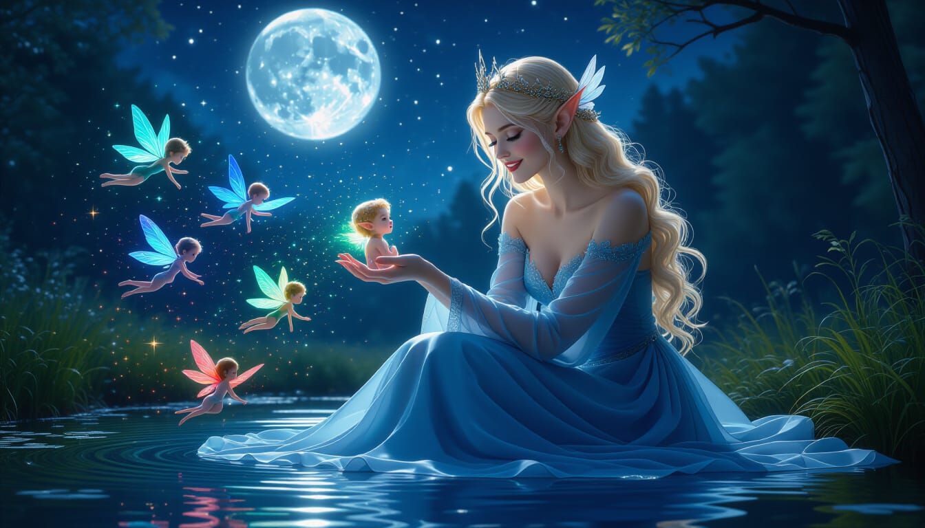 Ethereal Fairy Queen with Elf in Forest Pond