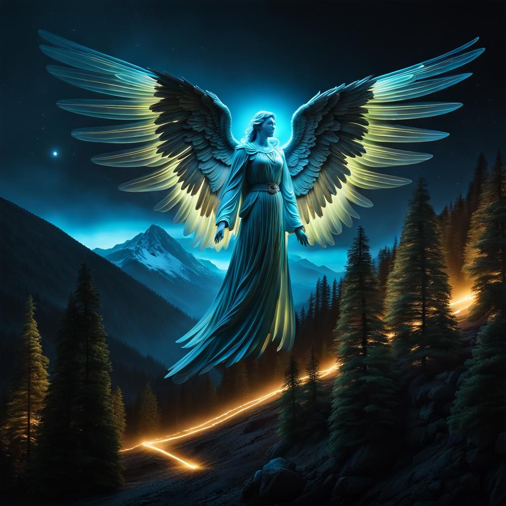 Bioluminescent Angel Over Mountain at Night