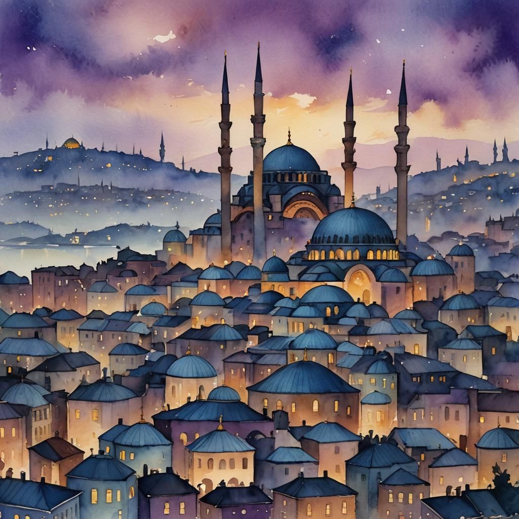Turquoise Istanbul Twilight Landscape in Whimsical Watercolo...