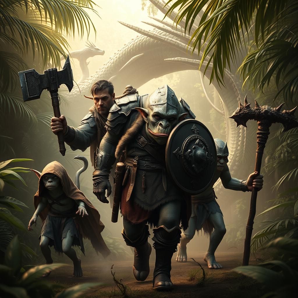 Human Adventurer and Goblin Companions in Jungle