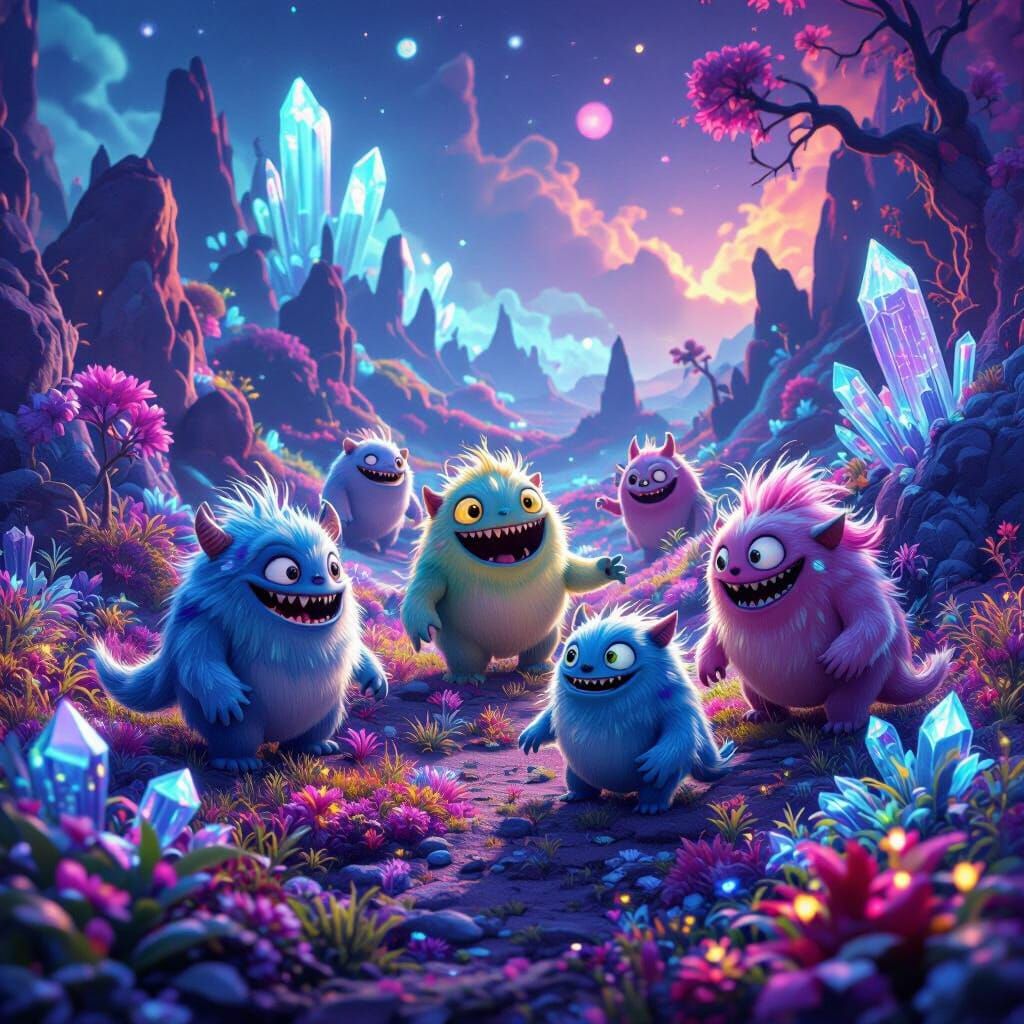 A group of friendly monsters playing in a colorful, alien la...