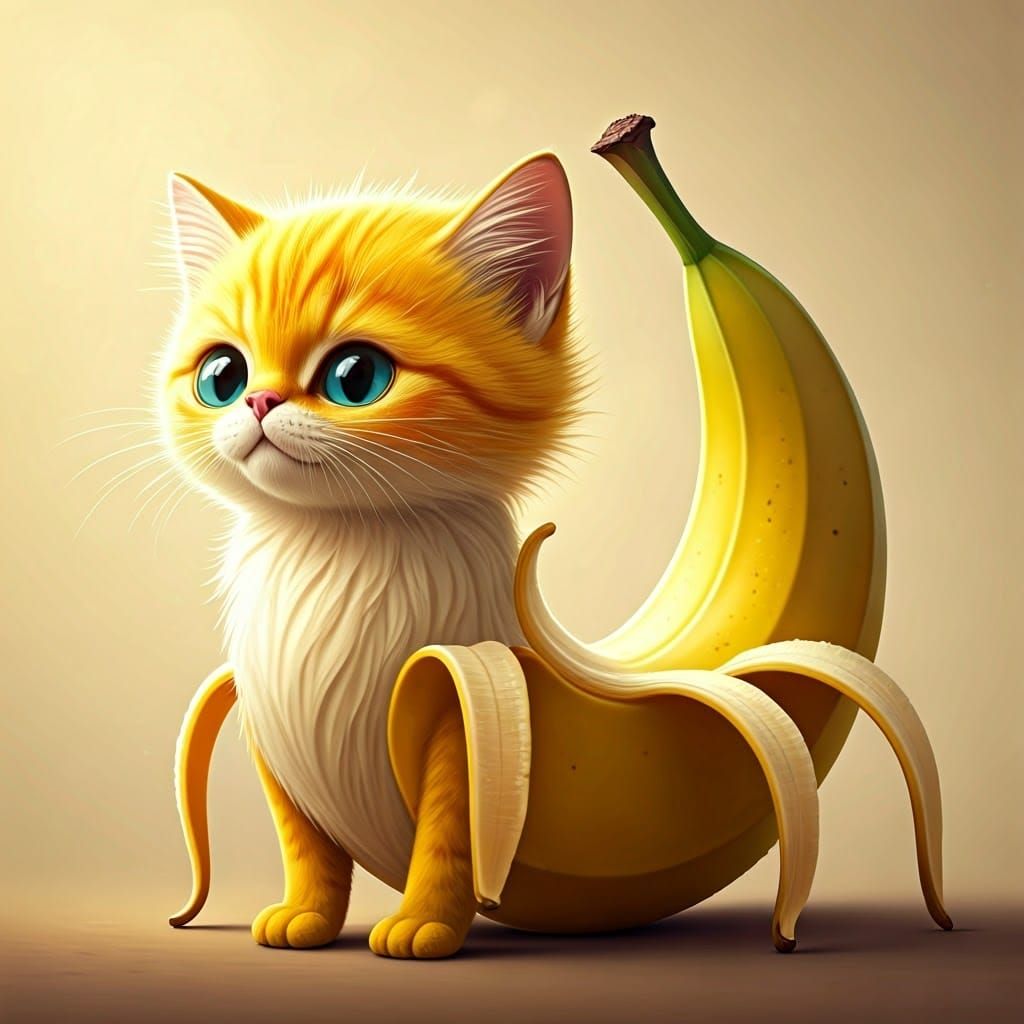 Vibrant Banana Cat with Peelable Tail in Whimsical Dreamlike...