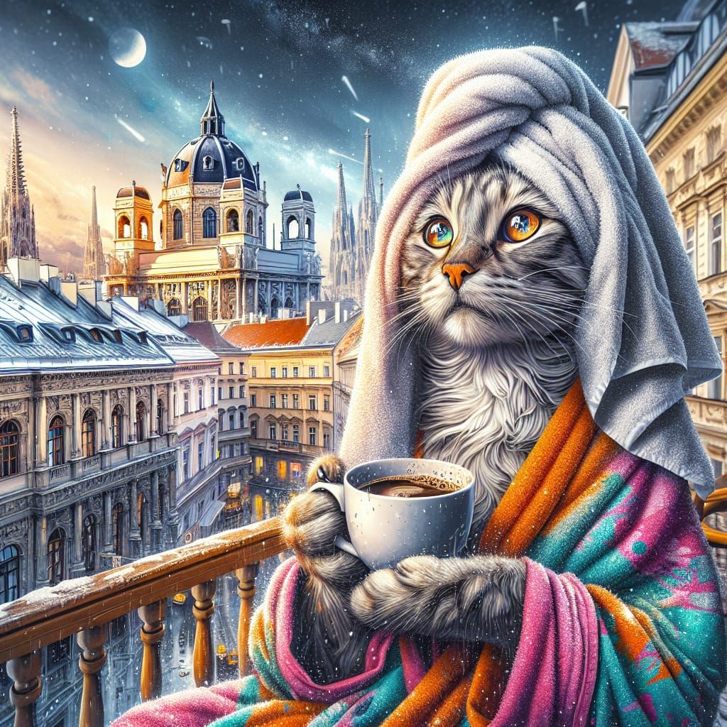 Surreal Vienna Cat Enjoys Coffee on Balcony