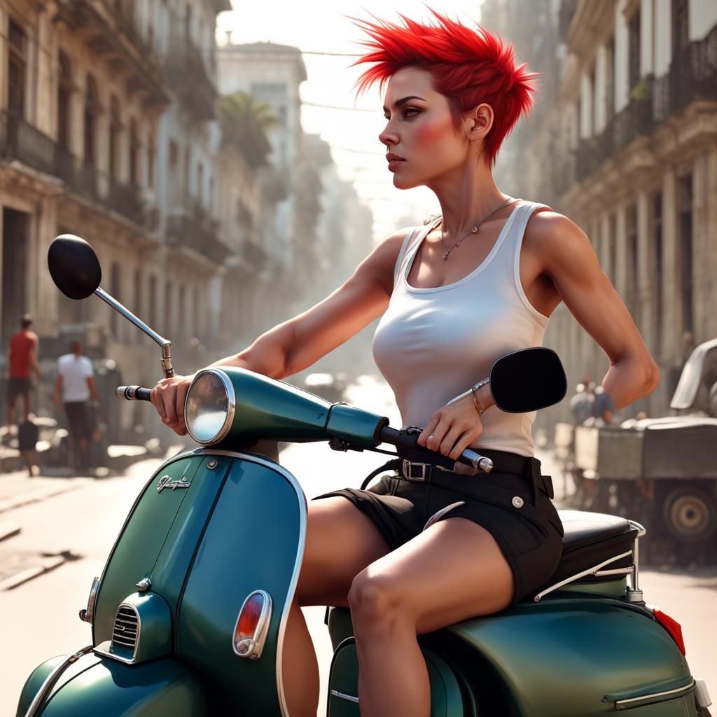 Female Soldier on Vespa in Havana, Hyperdetailed Art