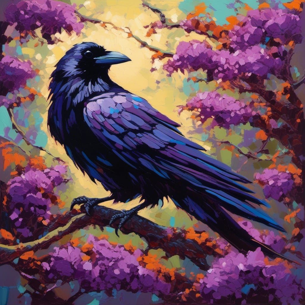 Whimsical Raven in Lush Landscape: Oil Painting