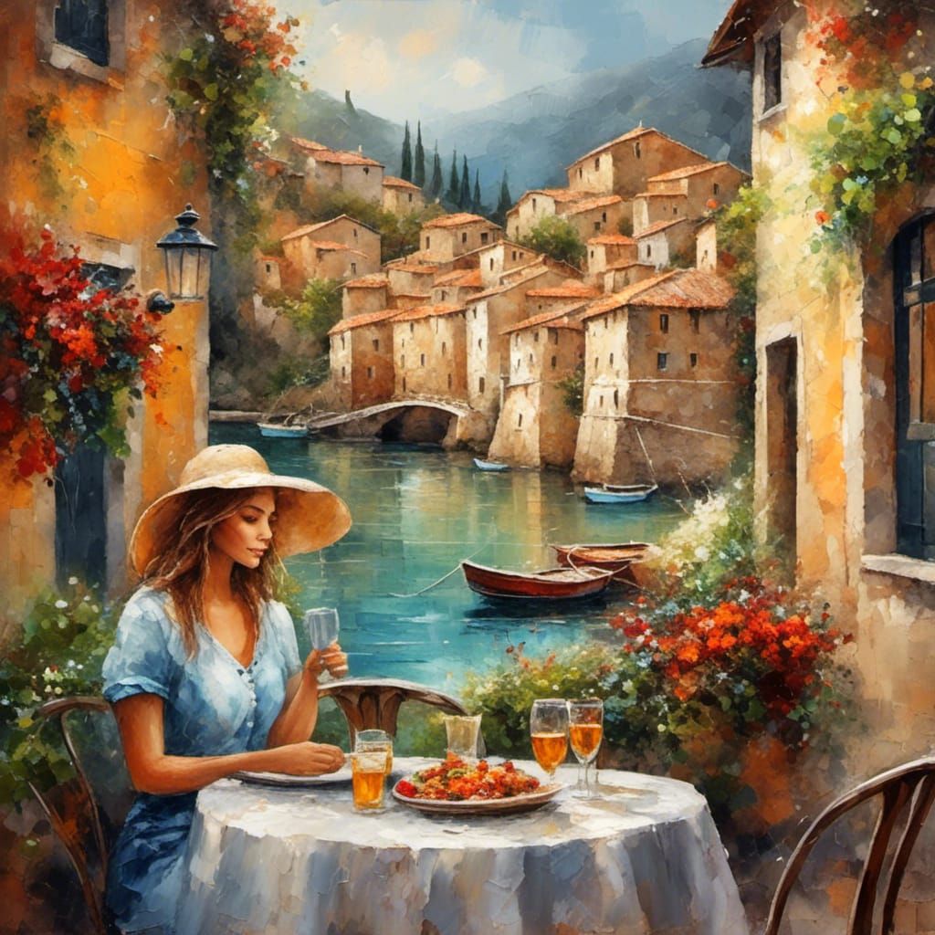 a European woman amidst an Italian village scene with a cozy...