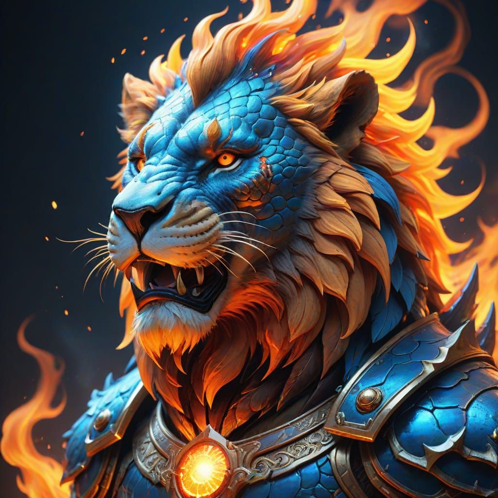 Fantasy Lion with Wings and Dragon Scales in Artgerm Style