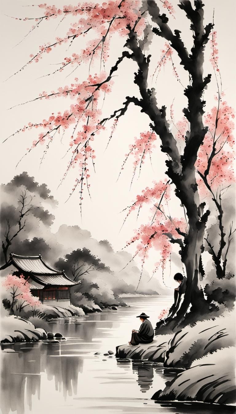 Peaceful Sumi-e Painting of Cherry Trees and Old Man
