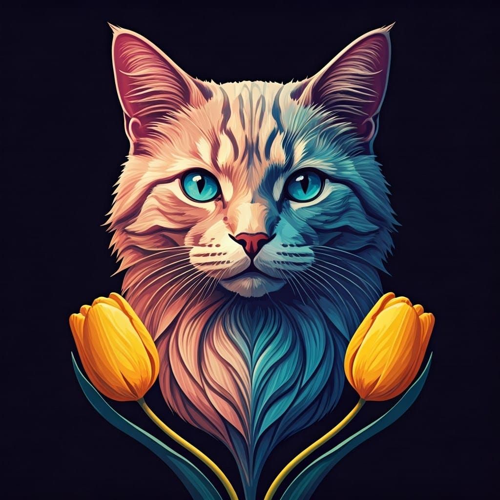 Vibrant Bauhaus-Inspired Cat Made of Tulip Petals