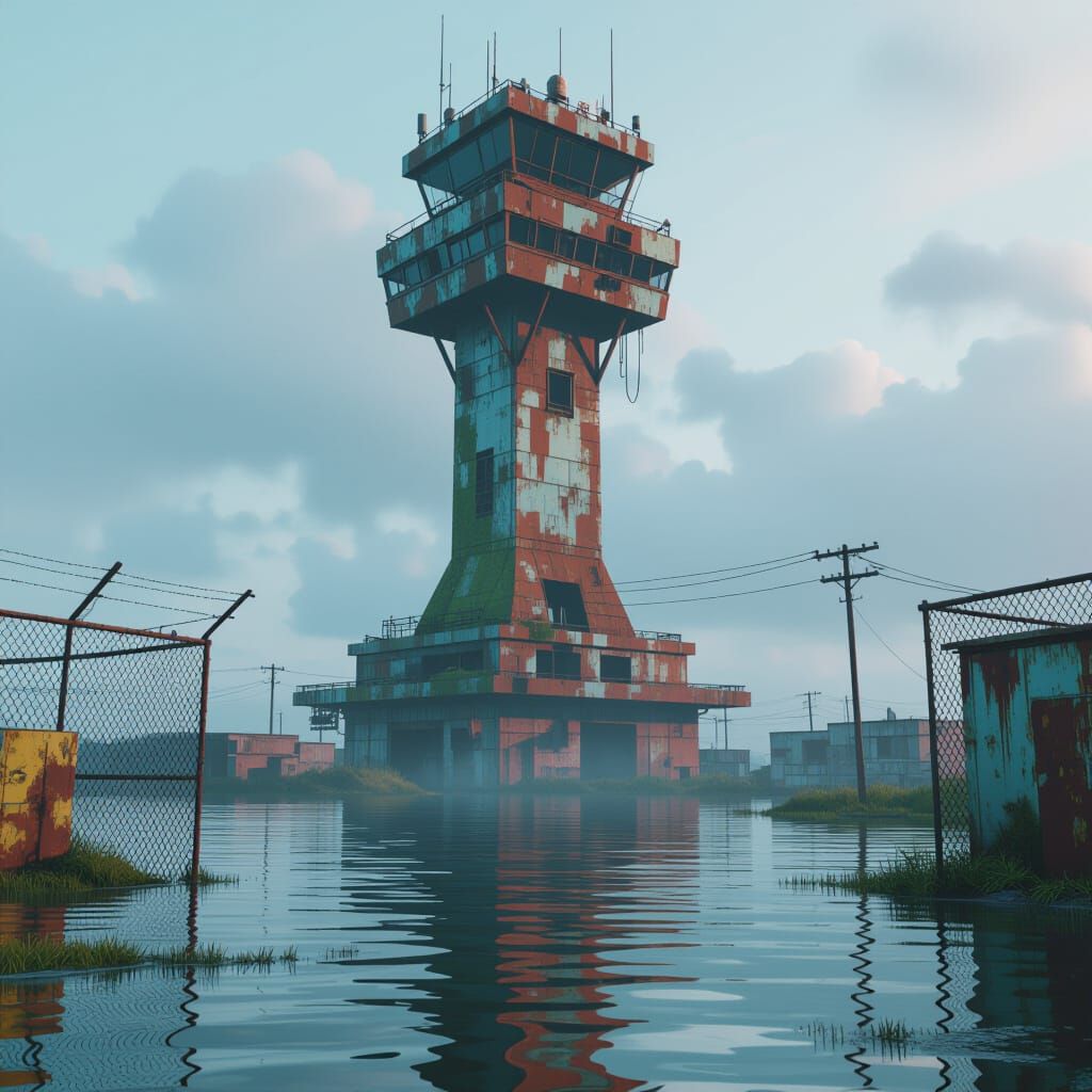 Flooded Atompunk Airport Tower in Comic Book Style