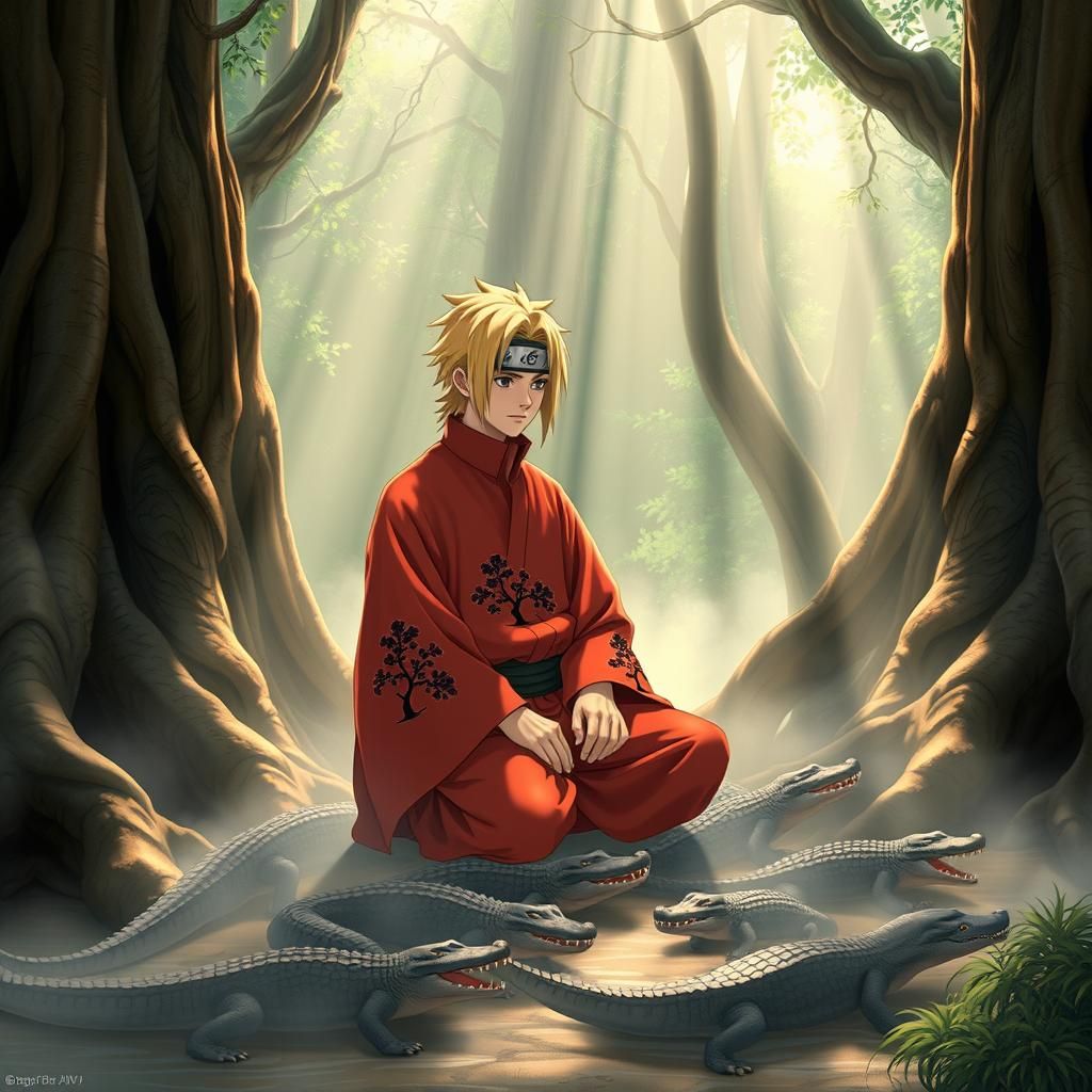 Naruto Surrounded by Baby Alligators in Misty Forest
