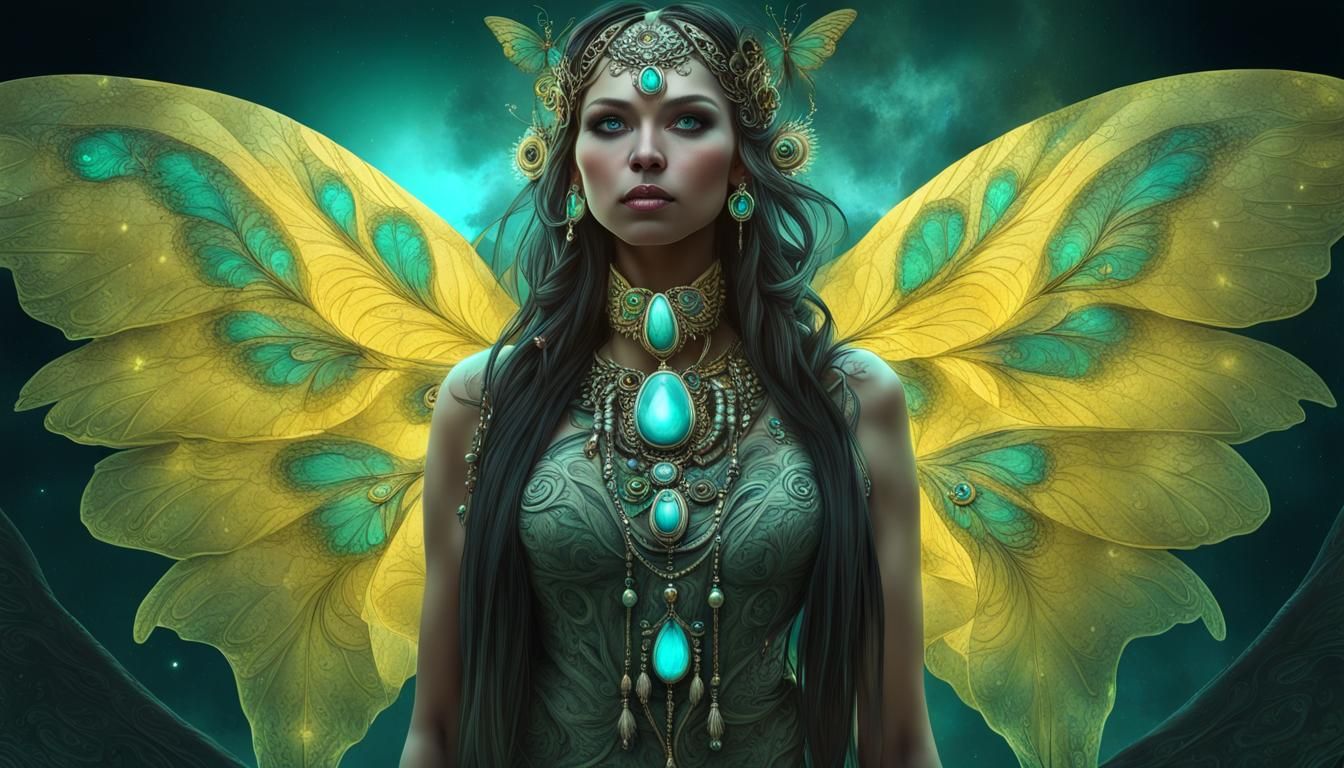 Butterfly-Winged Shaman Under the Moon: Digital Art