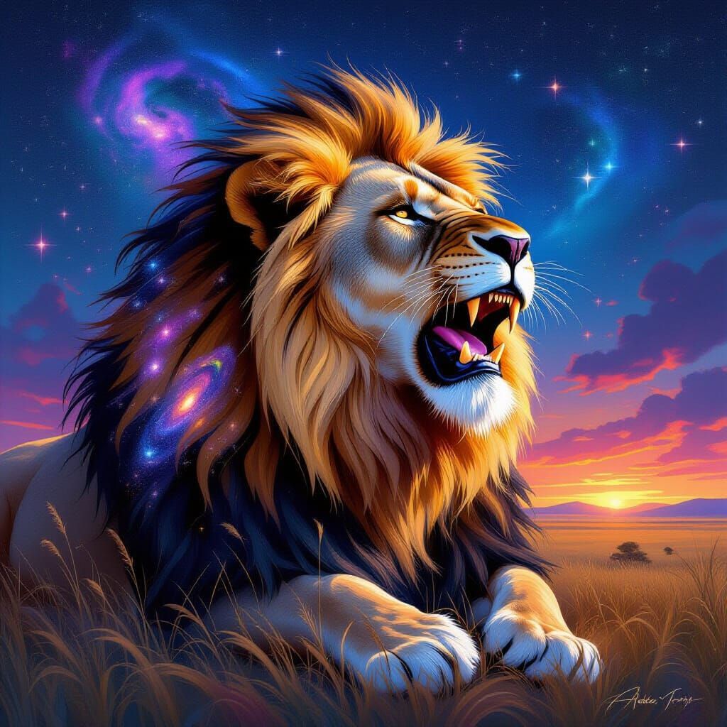 Cosmic Lion Roaring in Starlit Savannah