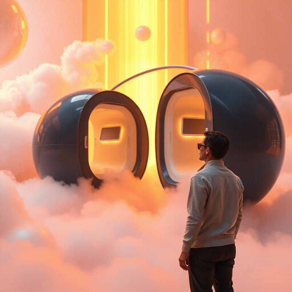 Hyper-Realistic Atompunk Teleportation Pods in Vibrant Orang...