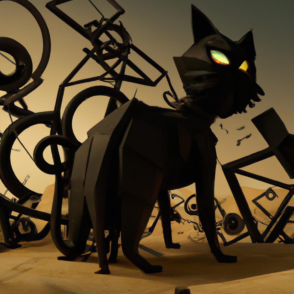 Colossal Geometric Cat Sculpture in Post-Apocalyptic Landsca...