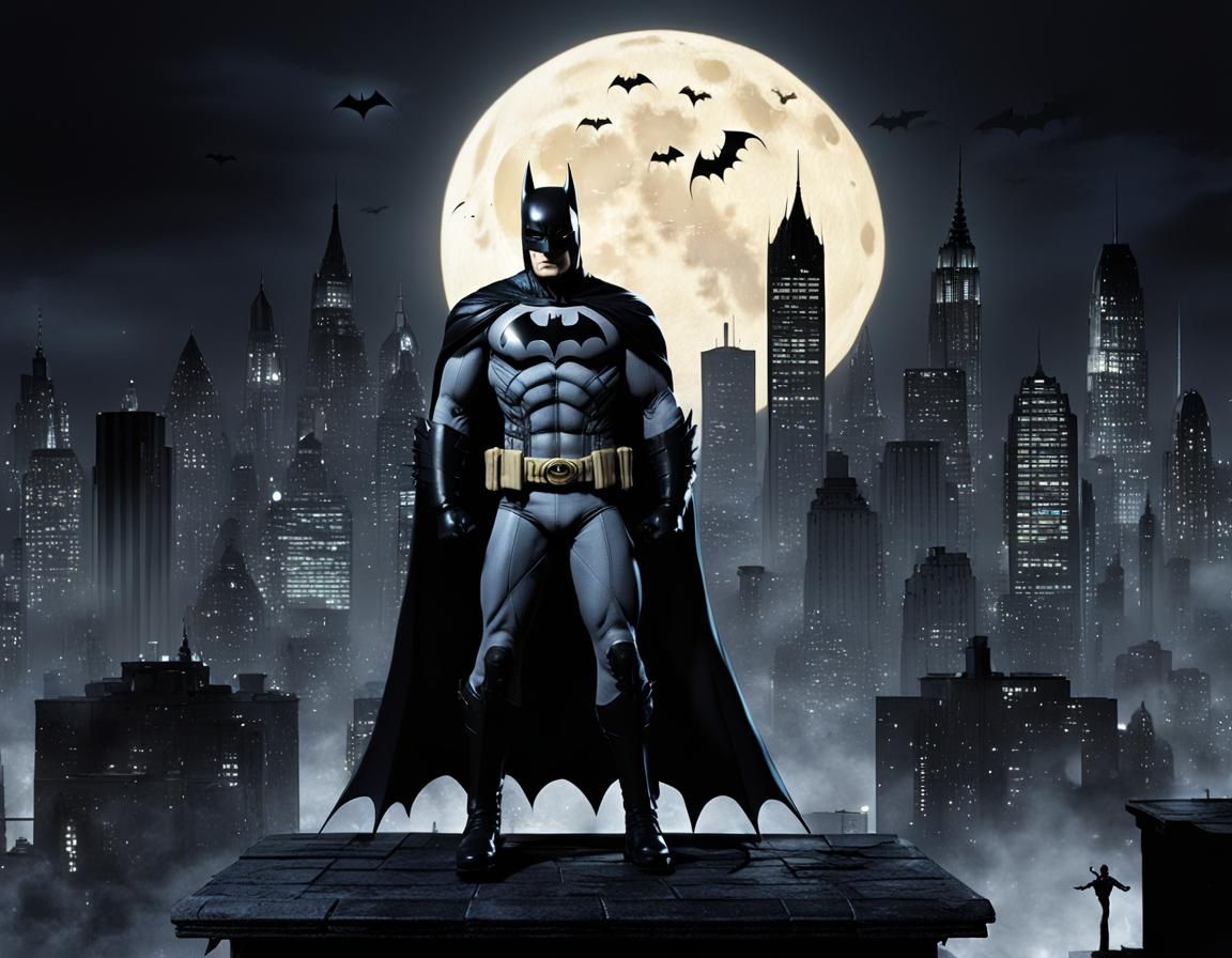 Batman on Gotham Rooftop in Gothic Style