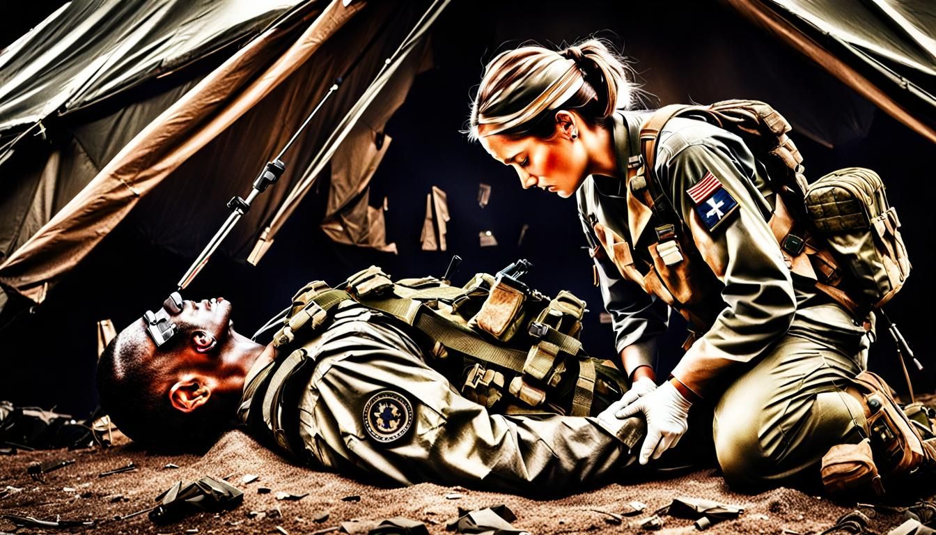 Hyperrealistic Combat Medic Scene in Medical Tent