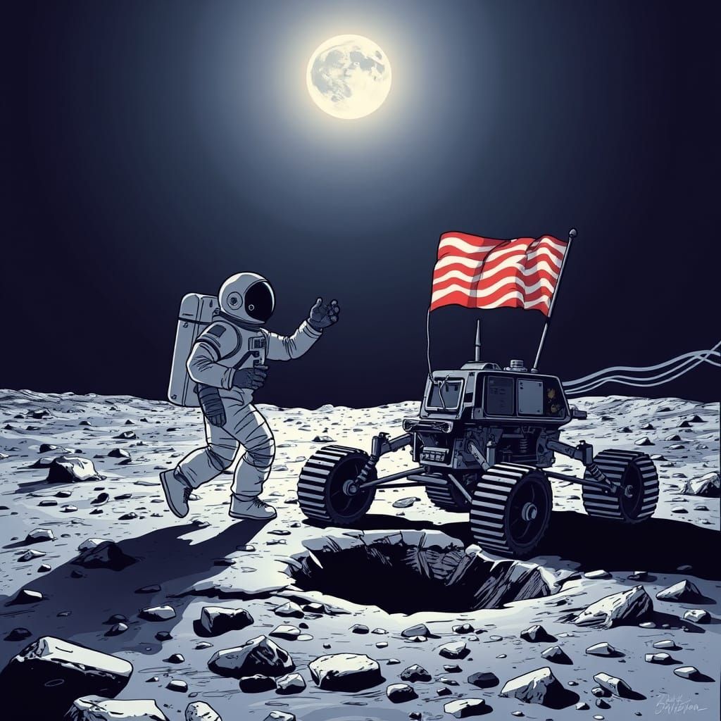 Astronaut's Lunar Mishap: Rover Arm Knocks Flag into Crater