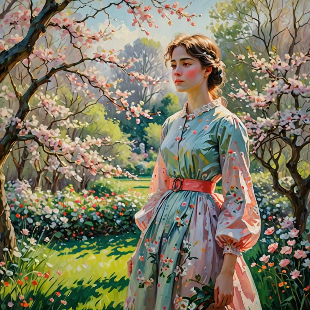 Woman in Garden: Impressionistic Oil Painting