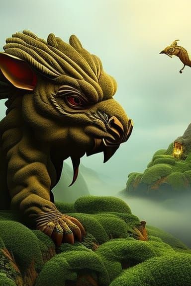 Ogre's Surreal Treehouse with Dragon, Detailed Fantasy Art