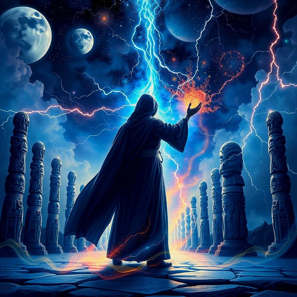 Magician Conjures Cosmic Portal with Ethereal Light