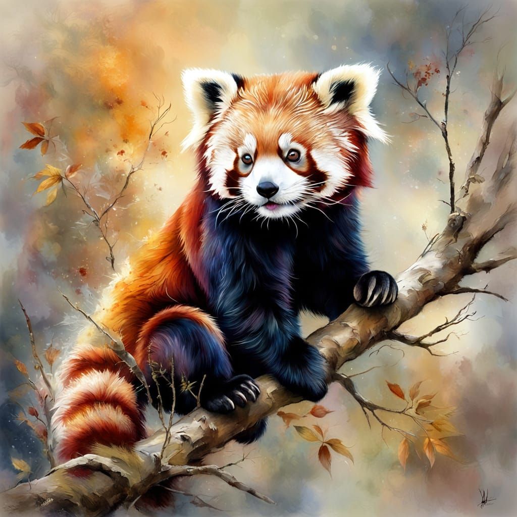 Red Panda in Autumn Colors, Impressionist Painting