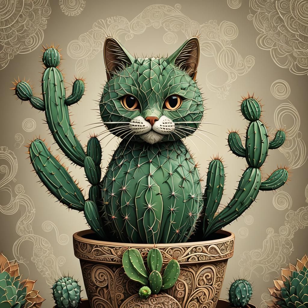 Cat-Shaped Cactus Portrait with Abstract Fractal Elements
