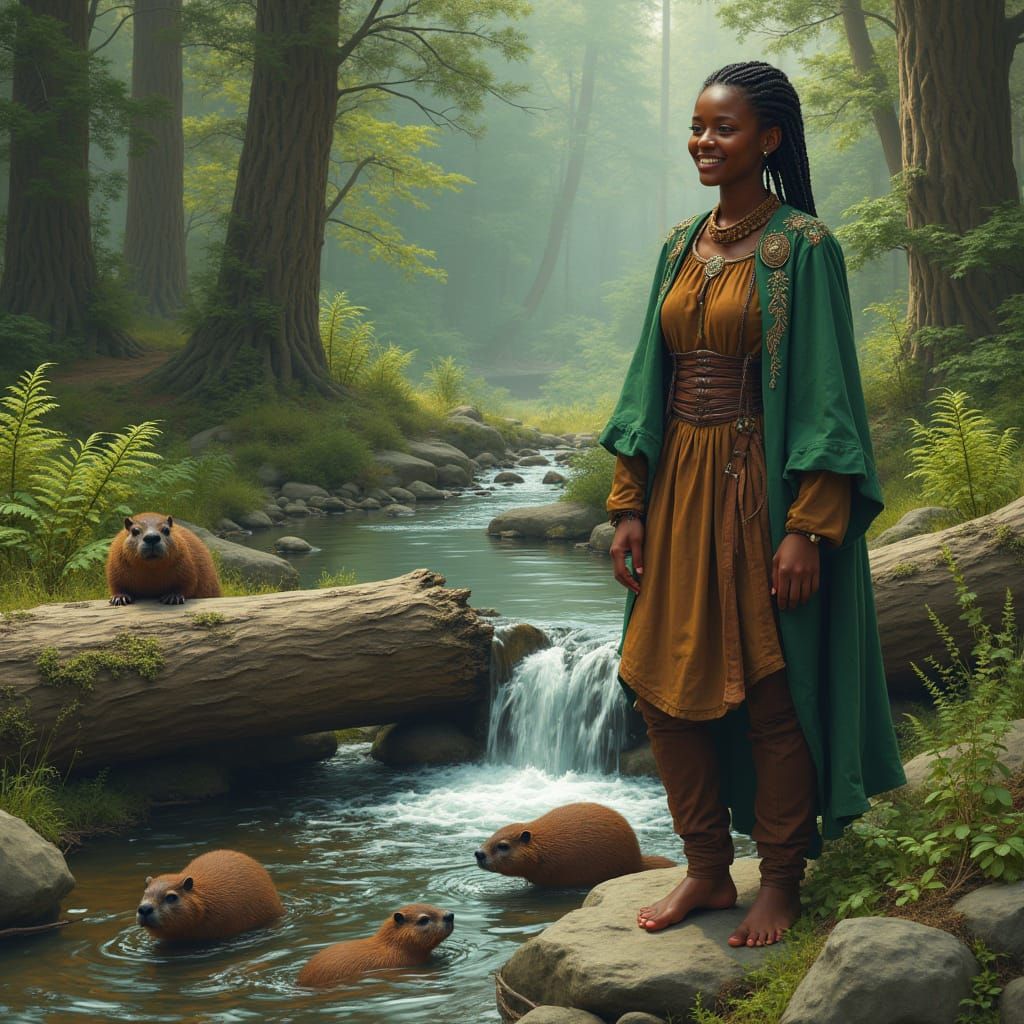 African American Woman in Earth-Toned Leather Tunic Standing...