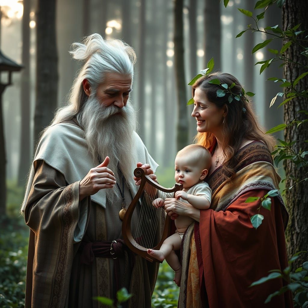 Father Time Teaches Baby New Year in a Serene Misty Forest