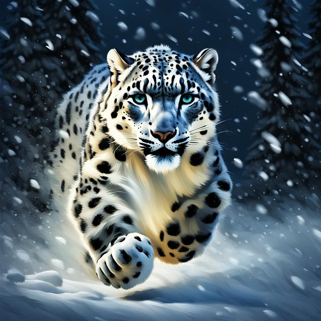 Snow Leopard Running at Night: Hyperrealistic Painting